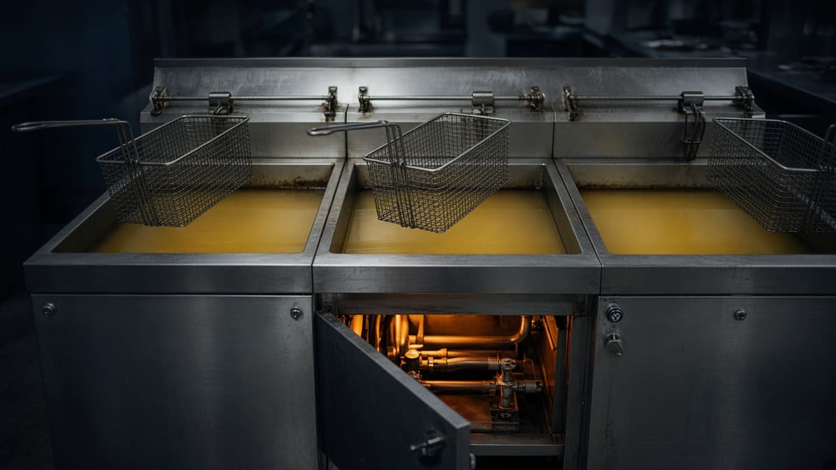Bank of commercial gas fryers with one cabinet door open to the glowing burners.