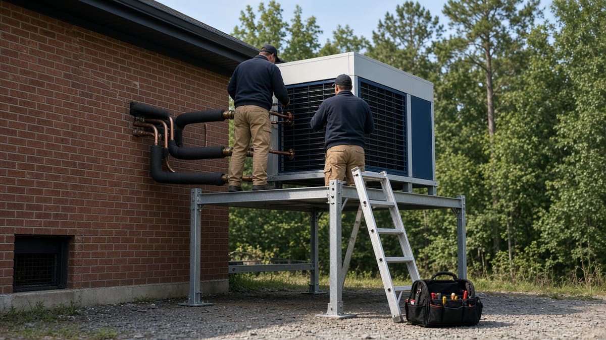 Two technicians installing refrigeration equipment on a steel rack behind a brick building.