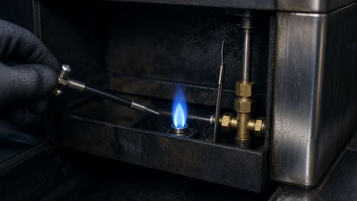 Blue pilot flame inside a commercial fryer burner compartment beside brass gas fittings.