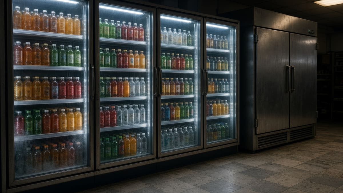 Glass-door display coolers stocked with bottles beside a stainless two-door reach-in refrigerator.